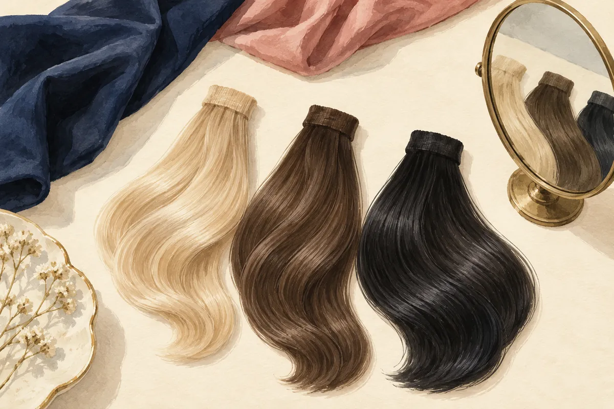 Illustration of blonde, brown and black salon hair swatches beside a mirror and folded fabrics.