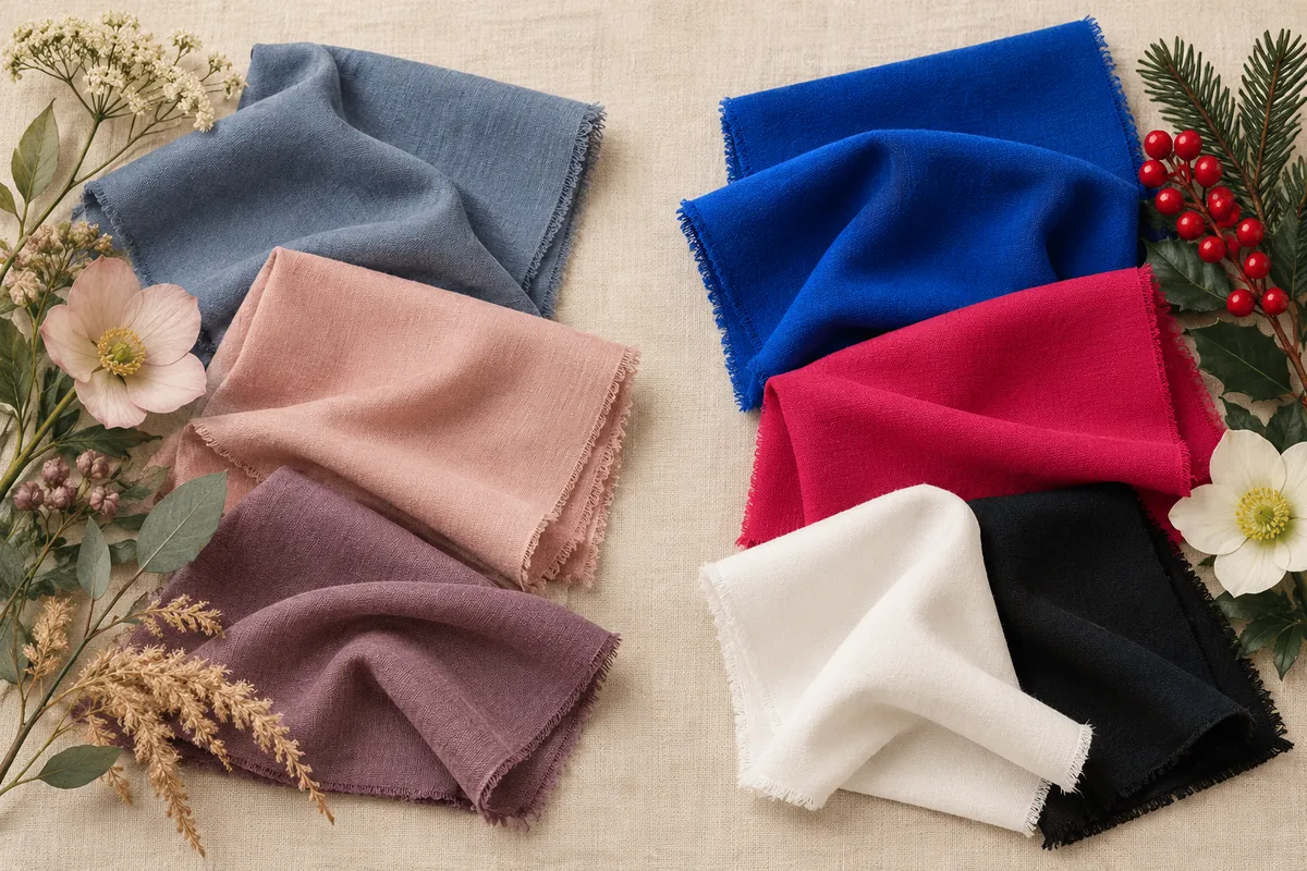 Illustration comparing muted blue and rose fabrics with clearer cobalt, raspberry and black-white fabrics.