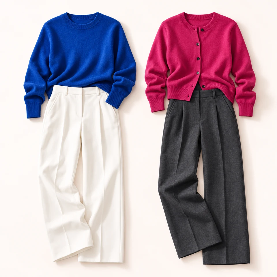 Cobalt blue with icy white and raspberry pink with charcoal: two coordinated outfit color pairings
