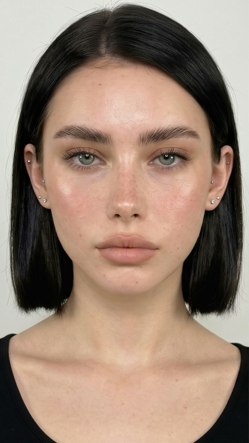 Stylist AI ad model with subtle glowing facial landmark dots